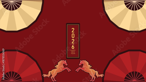 Flat Modern Chinese New Year 2026 Background with Red Burgundy Gold Color Twin Horse Illustration Symmetric Folding Fan Shapes for Banner Poster and Wallpaper