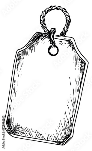 Hand drawn line art illustration of a blank price tag depicting an empty, textured label with a rope loop for sales and promotions