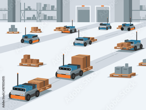 A fleet of robots efficiently moves pallets in a modern warehouse. Clean lines, bright colors, and a dynamic composition create a visually appealing and commercially viable image.