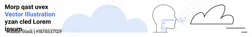 Environment, air quality, respiration, weather, cloud formation, sustainability. Minimalist design showing a person exhaling near a cloud. Breathing and air quality concepts