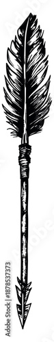 Hand drawn line art illustration of an arrow depicting a rustic feathered design for historical or tribal themes