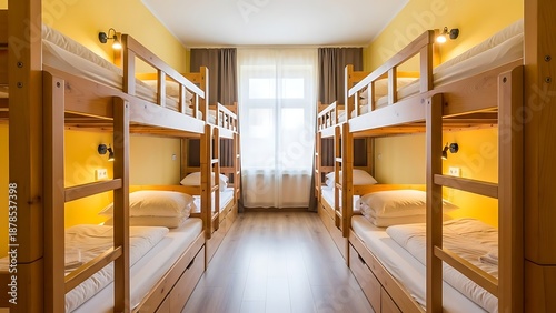 Cozy hostel room with bunk beds