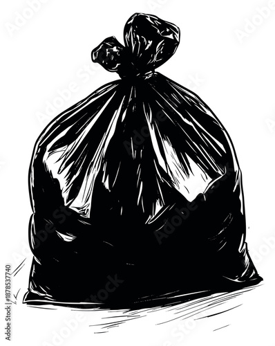 Hand drawn illustration of a garbage bag depicting a full tied bag for waste disposal