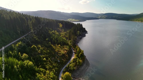 Aerial drone footage of reverse flight over the Schluchsee in the Black Forest in Southern Germany
