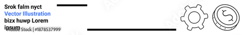 Business solutions, finance strategies, engineering processes, economic concepts, workflow optimization, innovation. Outline s of a gear and a currency coin. Business solutions and finance strategies