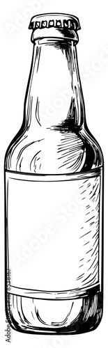 Hand drawn line art illustration of a beer bottle depicting a blank label and a crown cap for beverage industry designs