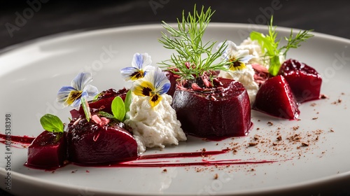 Wallpaper Mural Beetroot and goat cheese plate, restrained plating, fine dining mood, elegant negative space Torontodigital.ca