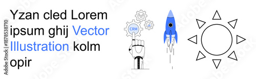 Innovation, technology, business growth, startup launch, system management, creativity. Hand pointing at a network symbol, rocket sun. Innovation and technology concepts