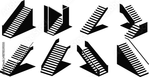 Eight black and white striped 3d shapes arranged in a circle