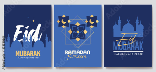 Islamic festival poster background design with mosque, flower, arabic calligraphy, crescent moon and lantern. Suitable for Ramadan Kareem , Hari Raya, Eid Mubarak, Eid al Adha.
