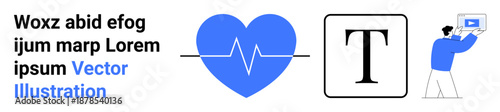 Blue heart with a pulse line, single T for typography example, man holding a screen. Ideal for health, typography, education, technology, presentations, creativity simple landing page