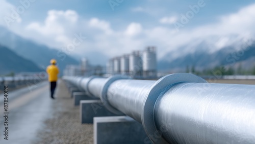 Worker walking along a large pipeline at an industrial facility with storage tanks against a cloudy sky and mountains, showing energy infrastructure development