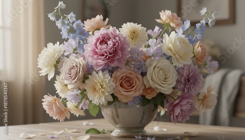 Pastel floral arrangement in a decorative vase on a wooden table, window light