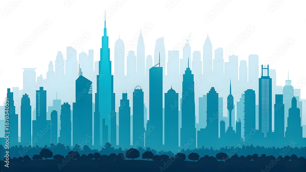 Obraz premium Abstract futuristic green city skyline vector illustration featuring a night cityscape with building silhouettes and skyscraper reflections for a modern urban architecture business design