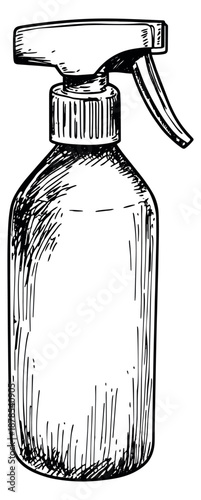 Hand drawn line art illustration of a spray bottle depicting a blank container for cleaning and disinfection