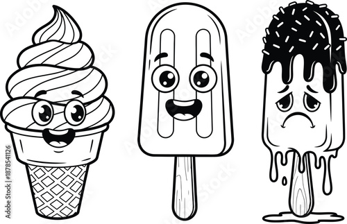 Cartoon ice cream treats with facial expressions