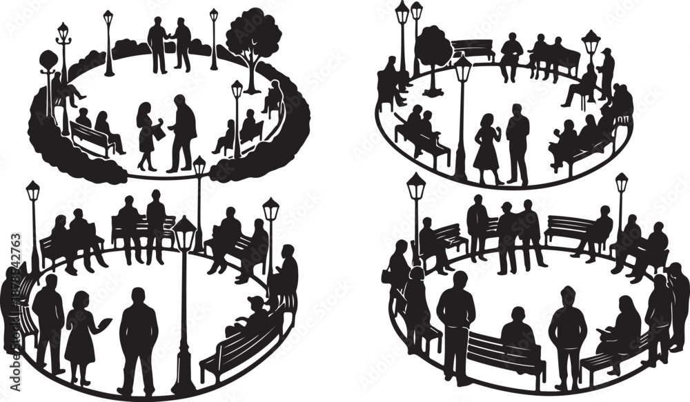 Obraz premium Silhouette of people in a public park setting outdoors
