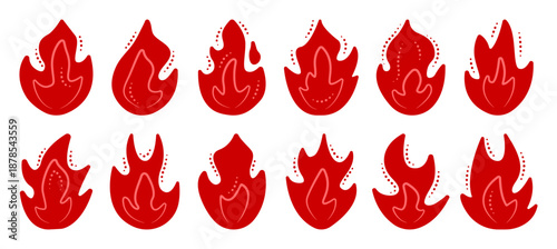 Fire and flame vector set, red icons, monochrome signs. Simple bonfire cliparts in different shapes, minimalistic color doodles, pictogram collection