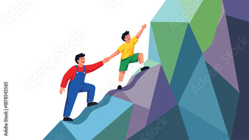 Helping Hand: Teamwork and Support on a Mountain Climb (Illustration)