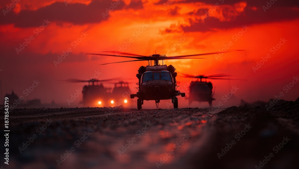 Fototapeta premium Military helicopters lined up on a runway against a dramatic sunset sky, showcasing powerful silhouettes and vibrant colors, emphasizing strength and readiness for action