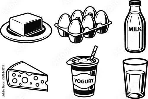 Dairy products illustration with milk cheese eggs and yogurt