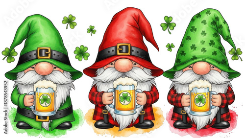 Three gnomes celebrating st. patrick's day isolated on transparent background