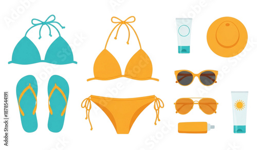 Woman swimwear and beach accessories flat lay vector vacation concept