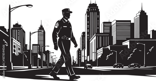 Police Officer Walking in City Street at Nighttime Scene