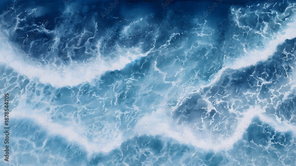 Fototapeta premium Ocean waves watercolor illustration dynamic blue beauty tranquil textured aerial view serene landscape art