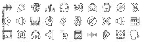 Set of 30 outline icons related to sound. Linear icon collection. Editable stroke. Vector illustration