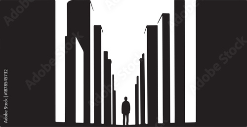 Man standing alone in a cityscape with tall buildings