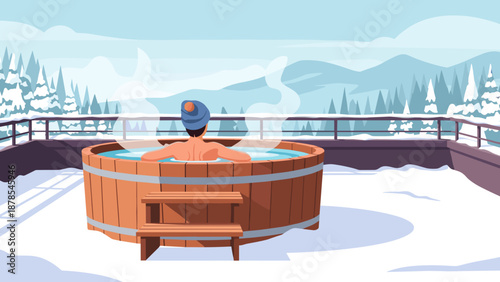 A man enjoys a hot tub on a hotel's open rooftop in winter to promote luxury travel and wellness