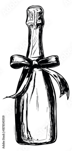 Hand drawn line art illustration of a champagne bottle depicting a decorative bow for celebration