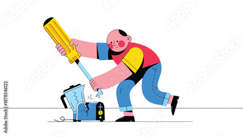 Repairing Broken Appliance - Illustration of Man Fixing Blender with Screwdriver & Wrench