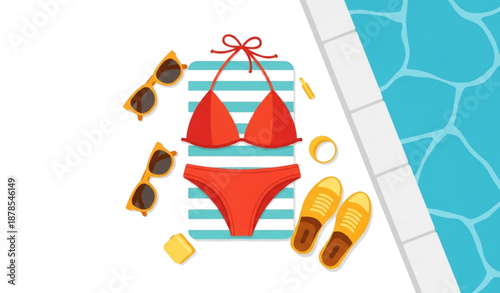 Red bikini summer holiday flat illustration with poolside accessories