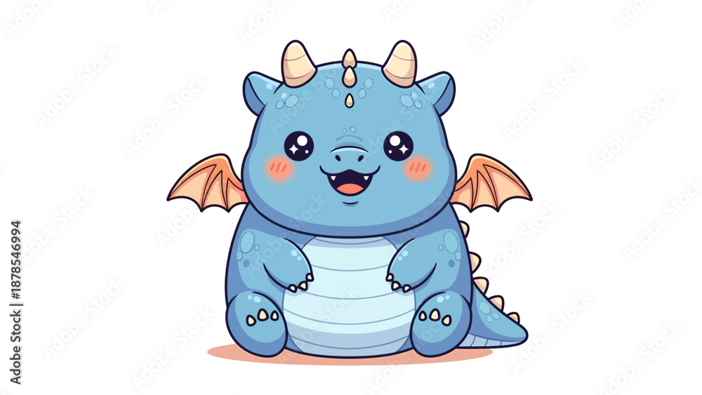 Fototapeta premium Cute Blue Baby Dragon Sitting with Small Wings and Horns