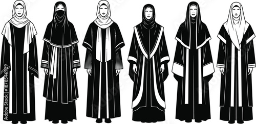 Six medieval monks in traditional black and white robes standing in a row