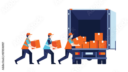 Delivery Team Unloading Boxes from Truck - Vector Illustration