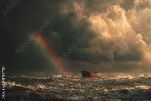 Noah’s Ark After the Flood, High Contrast Storm Clouds and Symbolic Rainbow Light