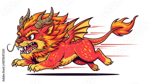 Fierce Red Dragon Running with Speed Lines