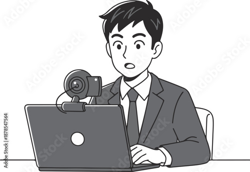 Online Meeting Man Video Call Remote Work Business Concept, Flat Cartoon Illustration Style