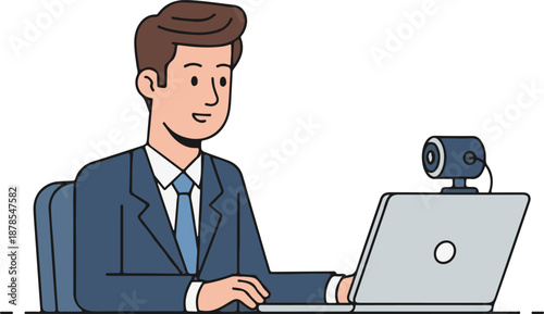 Online Meeting Man Video Call Remote Work Business Concept, Flat Cartoon Illustration Style