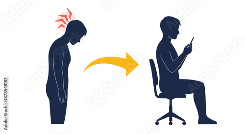 Illustration comparing bad posture with neck pain and good seated posture while using a smartphone to promote spinal health.