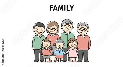 Large multi-generational family standing together with the word family written above them in a friendly cartoon style.