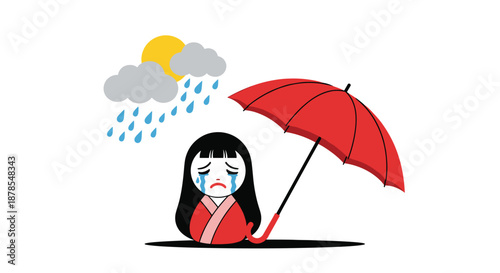 Sad girl in a red kimono crying under a red umbrella while rain falls from clouds with a yellow sun peeking through the sky.