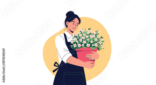 Smiling female florist wearing a dark apron holding a large pot of blooming pink and white flowers for garden or gift themes.