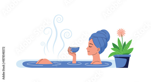 Relaxing woman soaking in a hot spring or bath while drinking tea with steam rising in a serene spa or wellness environment.