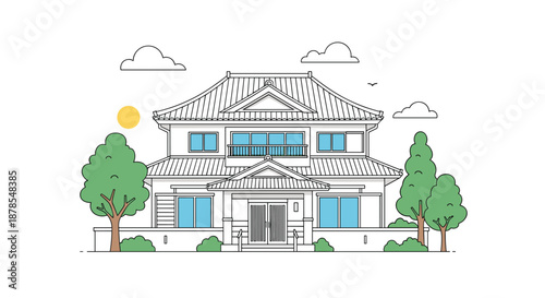 Detailed line art of a traditional two-story Japanese house with a tiled roof, garden trees, and a sun in the background.