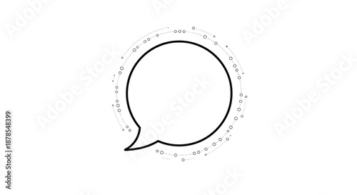 Minimalist circular speech bubble surrounded by a dotted and dashed orbital line for technical or scientific data concepts.