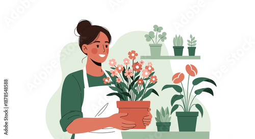 Smiling female florist in a white apron holds a beautiful potted plant with pink flowers inside her cozy plant shop.